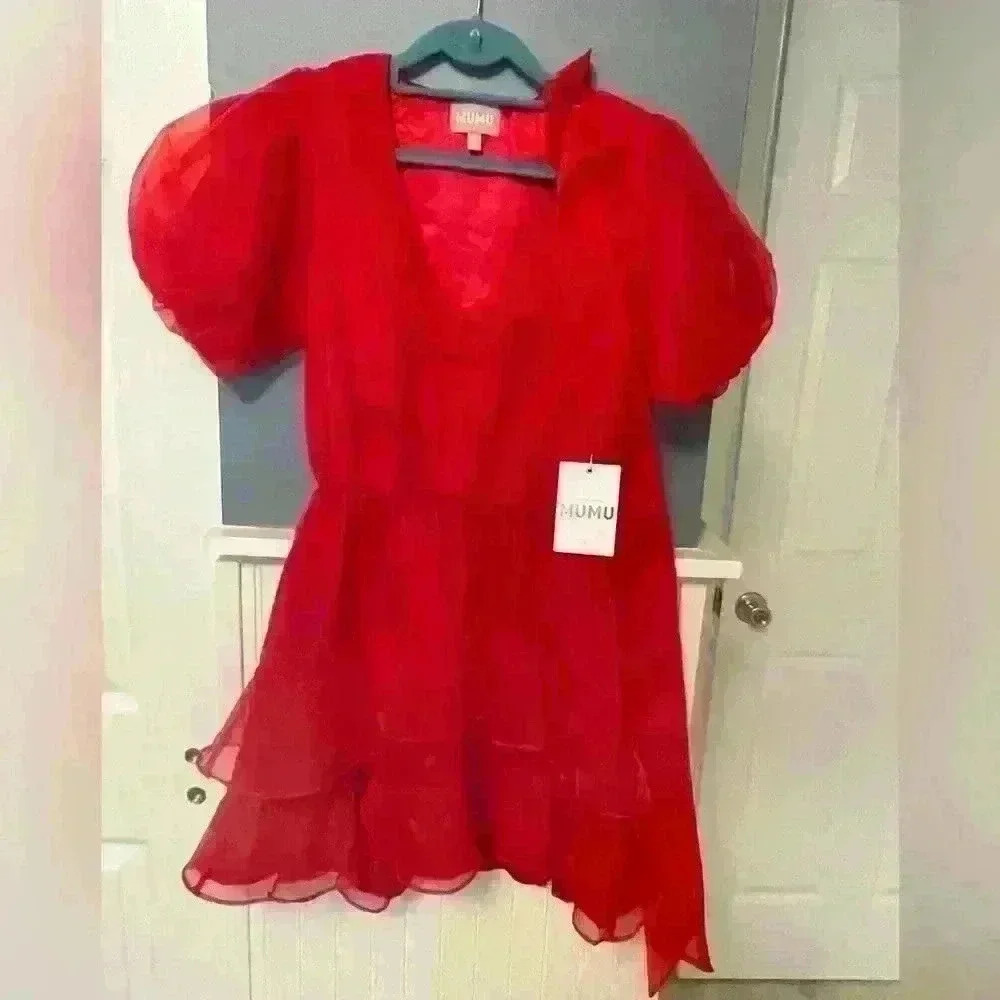 Show Me Your Mumu Red Jennie Anne Ruffle Flare Organza Mini Dress XS NWT
